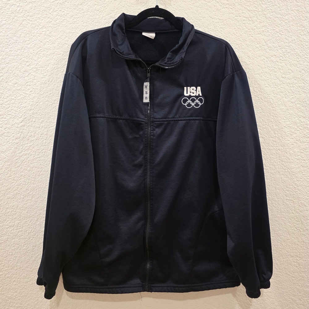 VTG USA Olympic Committee Track Jacket Mens XL Black Full Zip Fleece Made in USA
